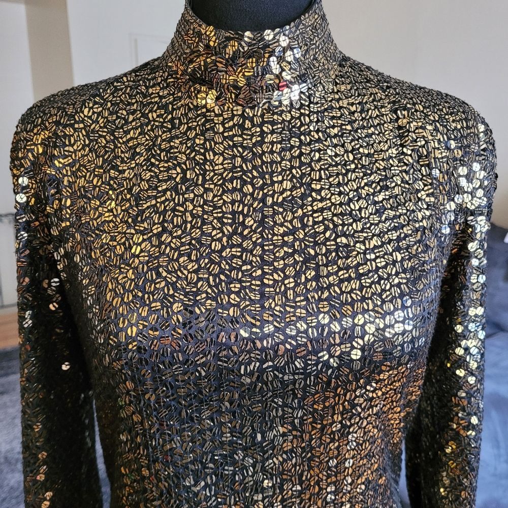 Vintage Sequin Long Sleeve Midi Dress - Gold - Size 8 - Picture 16 of 16